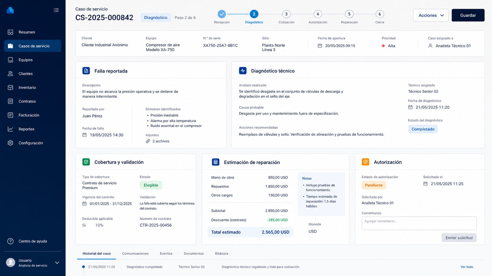 Interfaz demostrativa de diagnóstico de un caso DSC