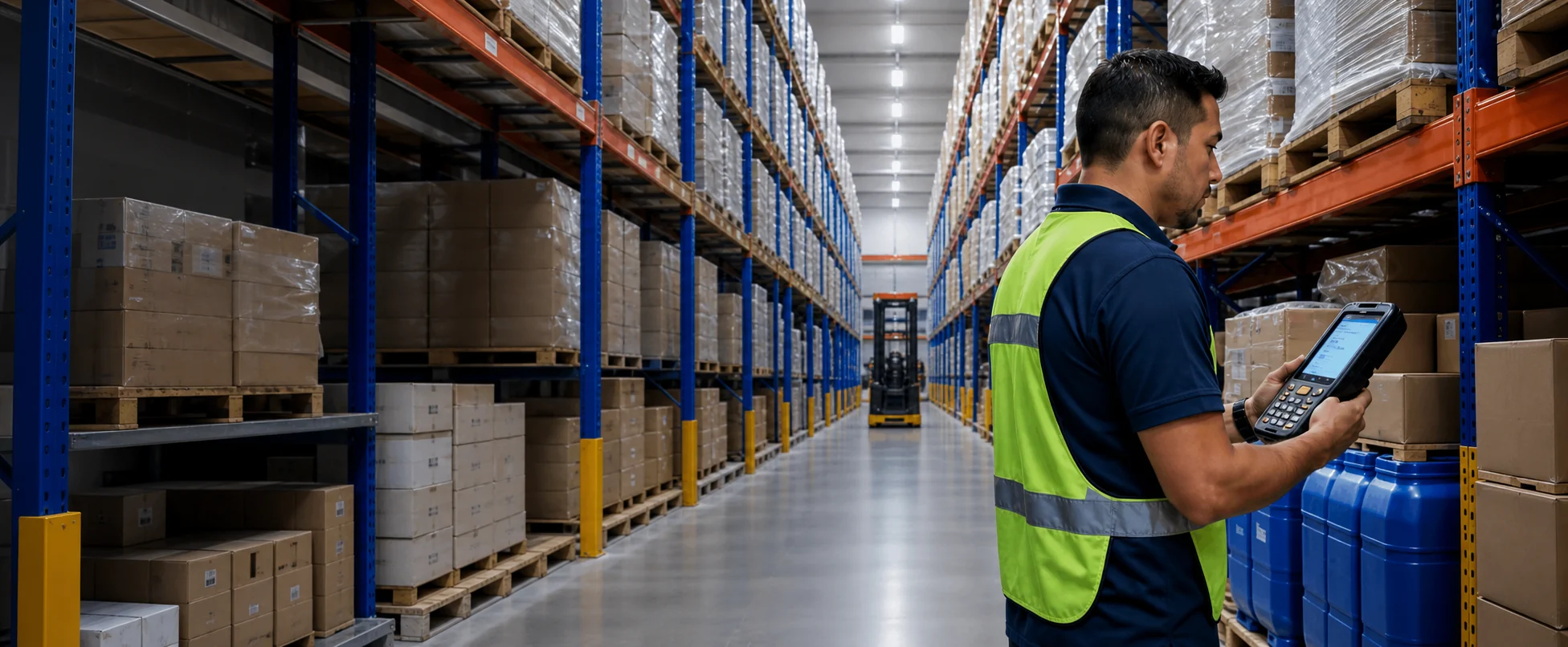 Operador de almacén utilizando una terminal móvil industrial en una operación controlada por AssistPro WMS