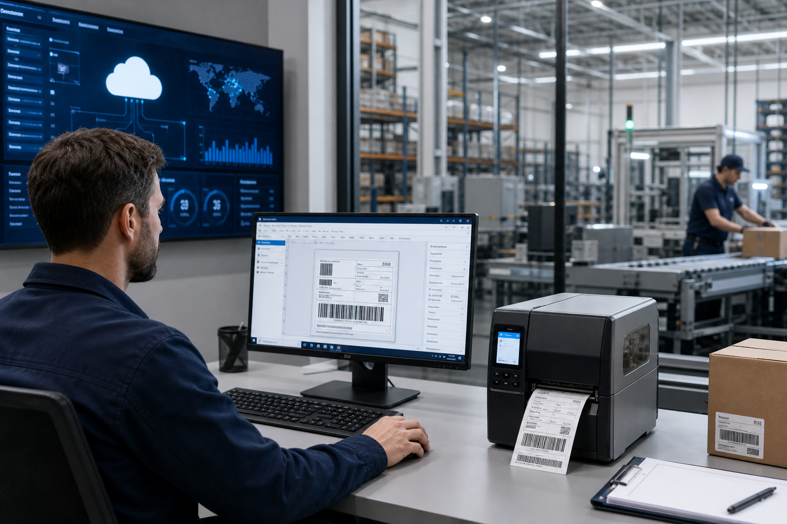 Operador administrando etiquetas empresariales en Loftware Cloud conectado con ERP, WMS e impresión