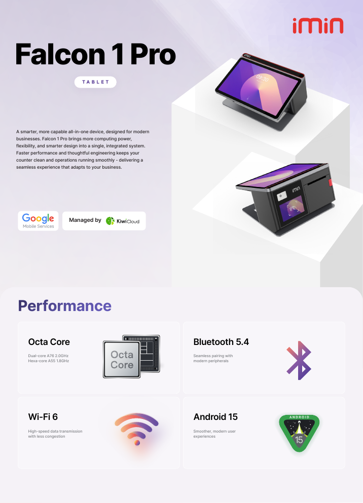 iMin Falcon 1 Pro - tableta POS Android 15 de 10.95 pulgadas en configuración de referencia