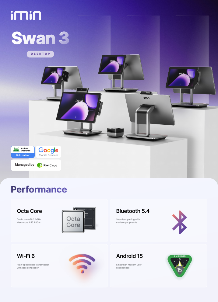 iMin Swan 3 - terminal POS Android 15 para mostrador en configuración de referencia