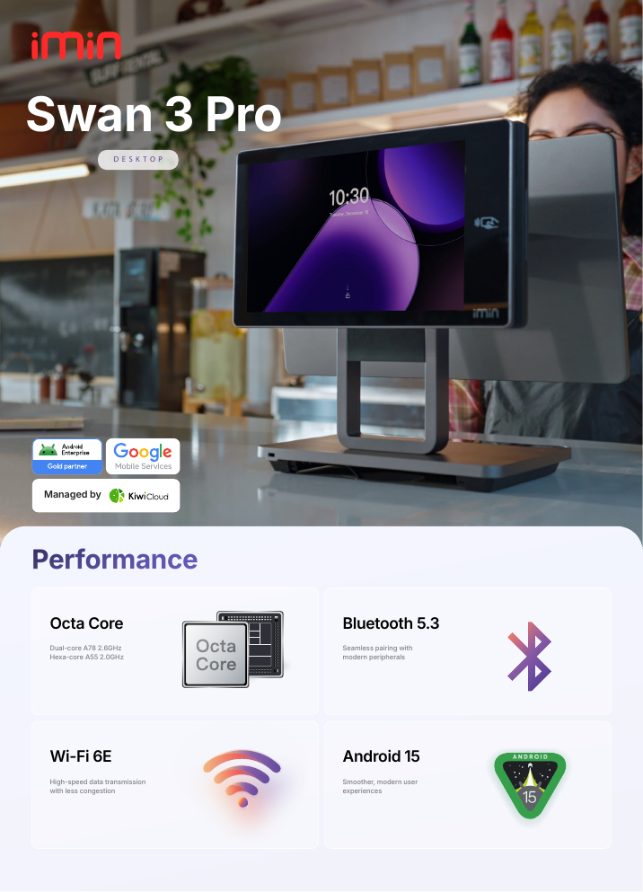 iMin Swan 3 Pro - POS Android 15 con NPU de 10 TOPS en configuración de referencia